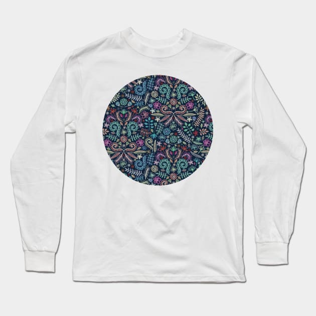 Colored Chalk Floral Doodle Pattern Long Sleeve T-Shirt by micklyn